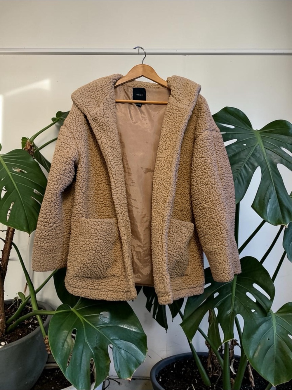 Forever 21 Hooded Teddy Jacket in Beige
